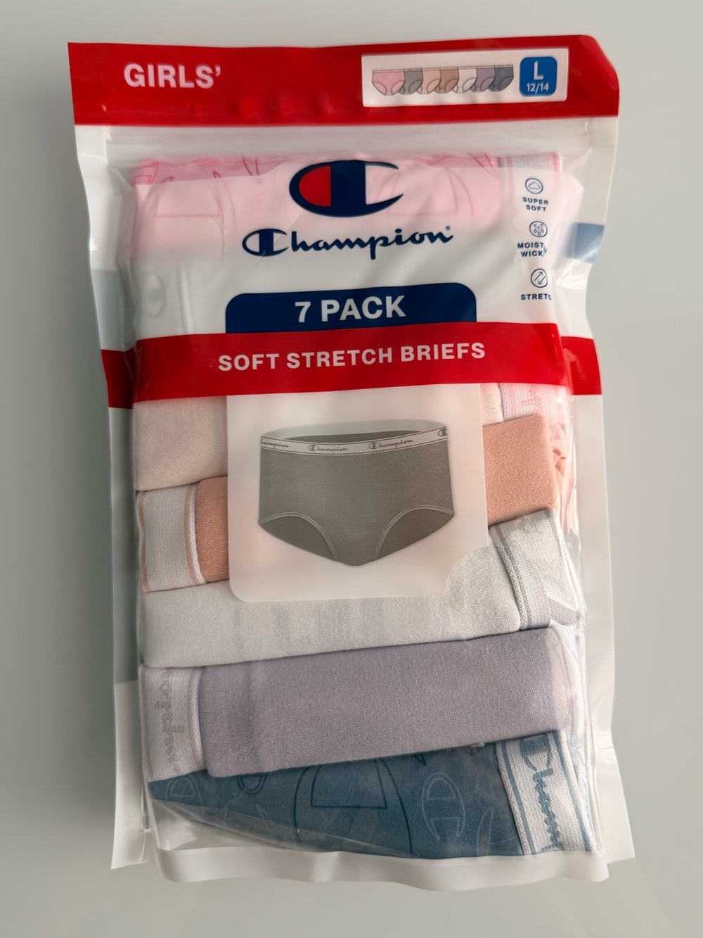 Champion Girl’s Multicolor 7 Pack Soft Stretch Briefs Size Large 12/14